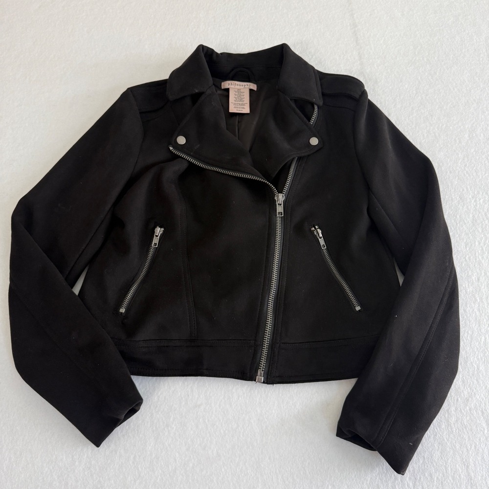 Philosophy Moto Jacket Women Small Black Faux Suede Asymmetrical Zip Biker